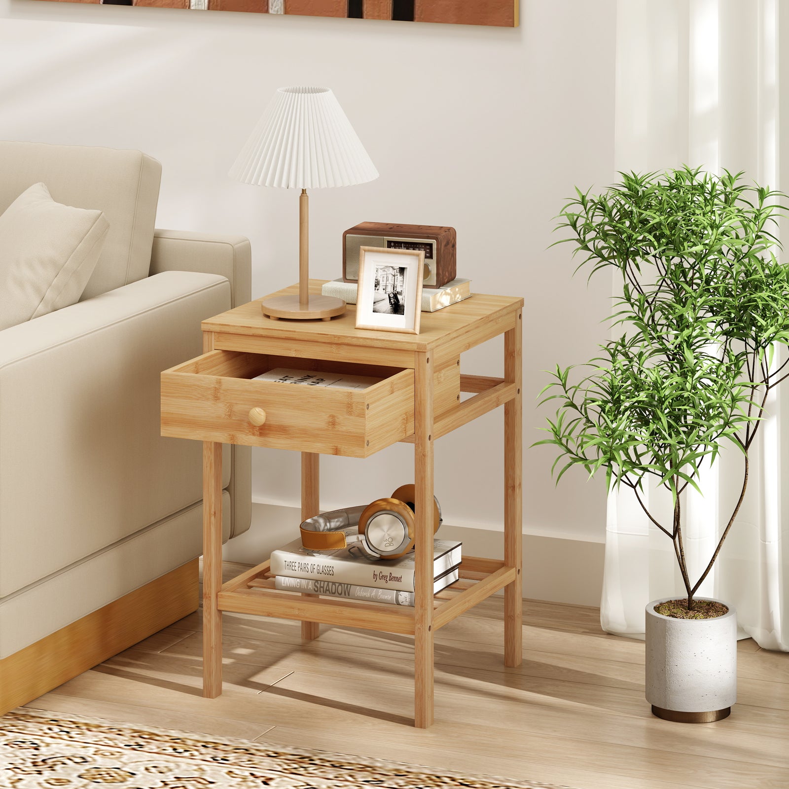 Bamboo Nightstand With Storage Drawer, Open Shelf, 2 Piece Set Nightstands at Gallery Canada
