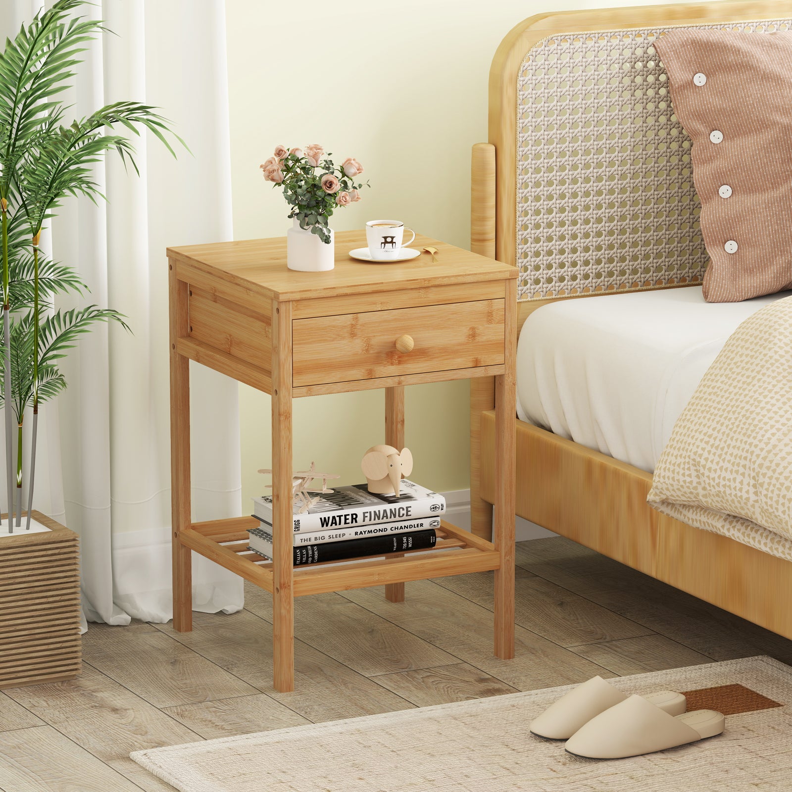 Bamboo Nightstand With Storage Drawer, Open Shelf, 2 Piece Set Nightstands at Gallery Canada