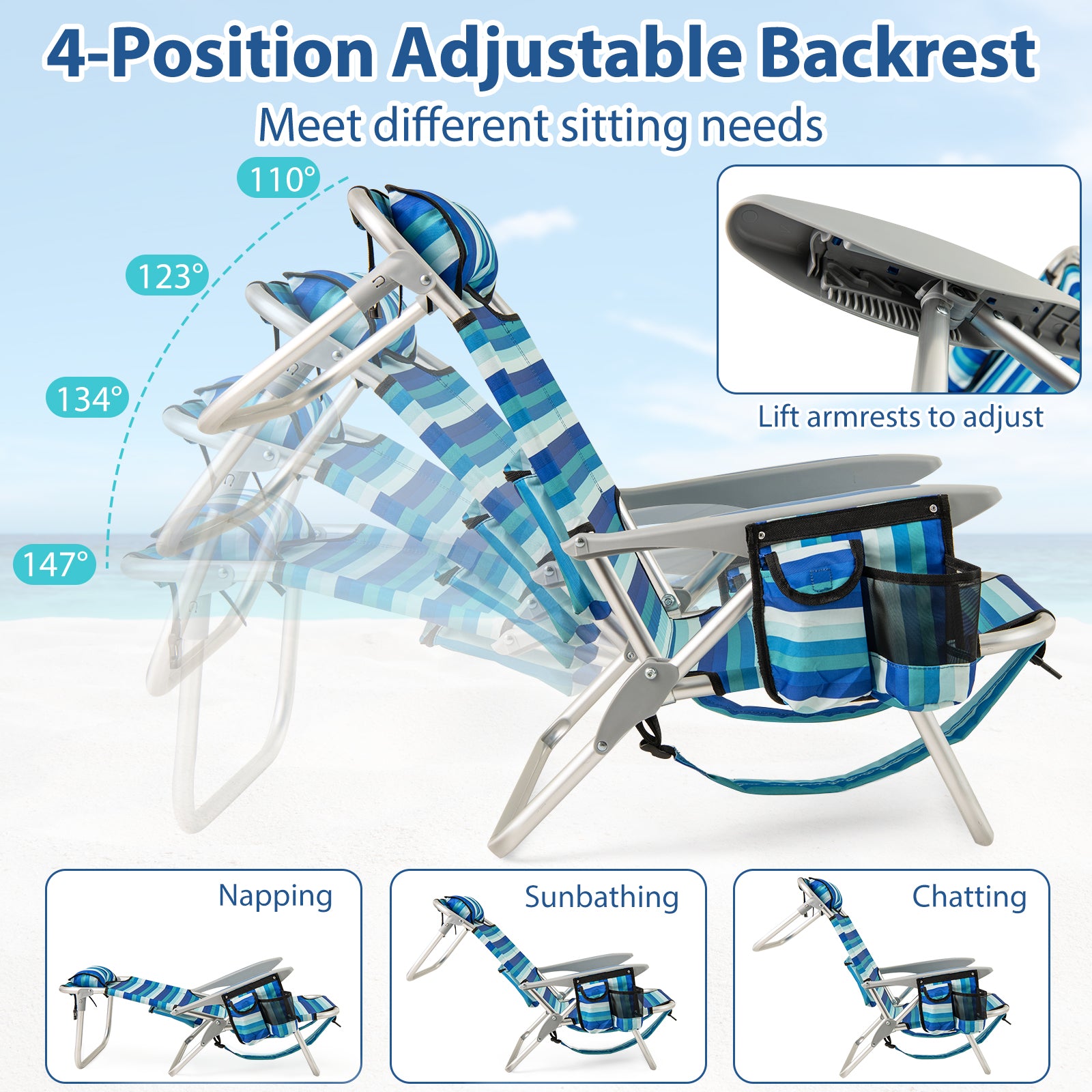 Folding Beach Chair, 4-Position Adjustable Backrest Beach & Lawn Chairs at Gallery Canada