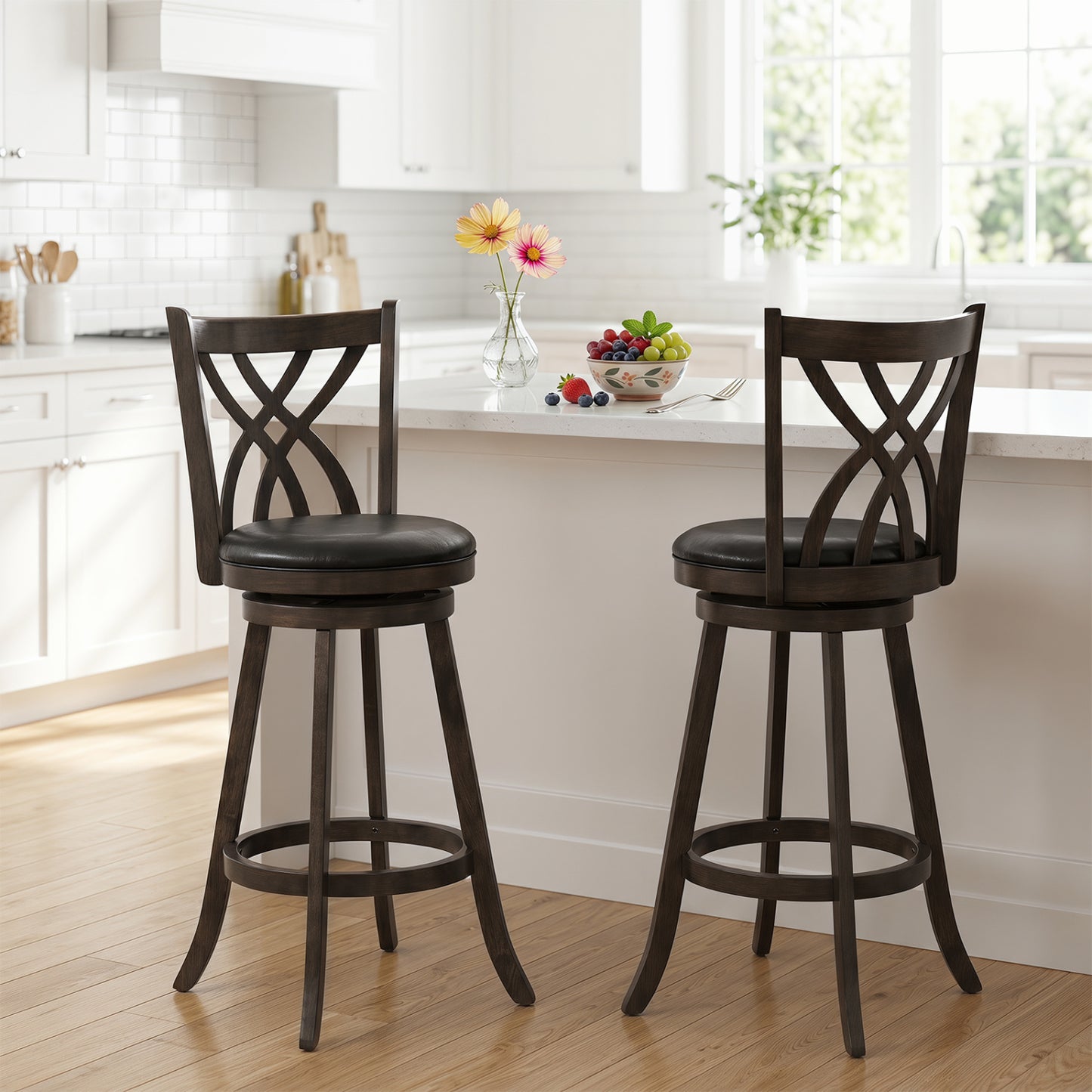 Set of 2 29" Counter Height Bar Stools with Rubber Wood Frame and Hollowed Backrest, Gray Bar Stools at Gallery Canada