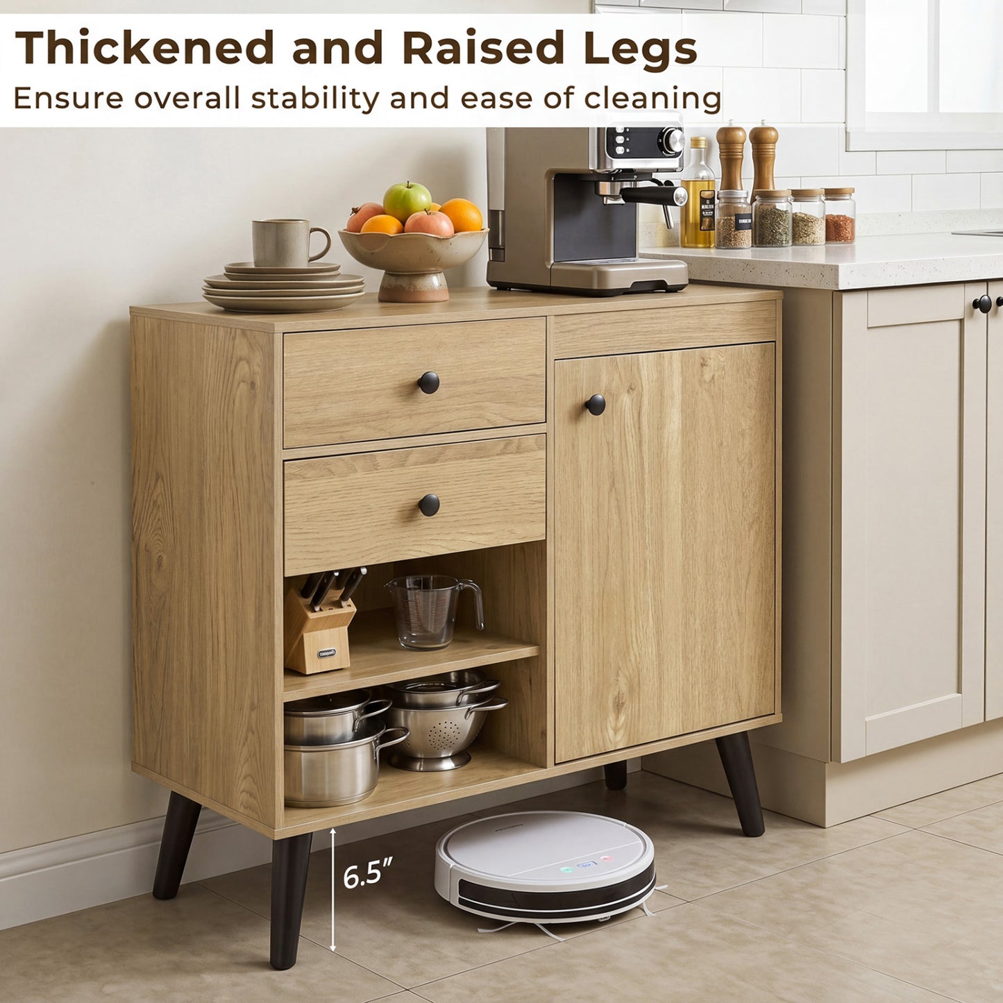 Set of 2 31" Buffet Cabinet with 2 Drawers and Open Compartments for Kitchen, Natural Sideboards Cabinets & Buffets at Gallery Canada