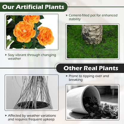 Set of 2 39.5" Artificial Camellia Trees, Cement Pots, Orange Faux Plants at Gallery Canada