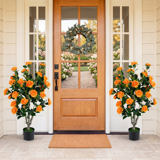 Set of 2 39.5" Artificial Camellia Trees, Cement Pots, Orange Faux Plants Orange at Gallery Canada