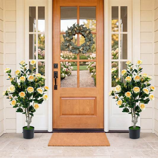 Set of 2 39.5" Artificial Camellia Trees, White Pots, Orange Blossoms Faux Plants White at Gallery Canada