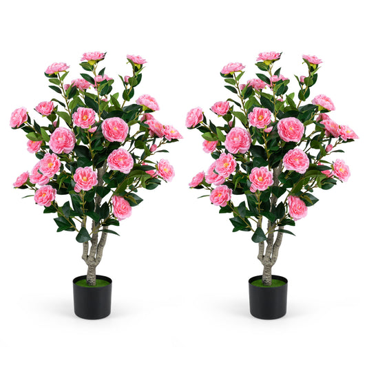 Set of 2 39.5" Artificial Camellia Tree, Orange Blossoms, Cement Pot, Pink Faux Plants Pink at Gallery Canada