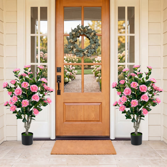Set of 2 39.5" Artificial Camellia Tree, Orange Blossoms, Cement Pot, Pink Faux Plants Pink at Gallery Canada