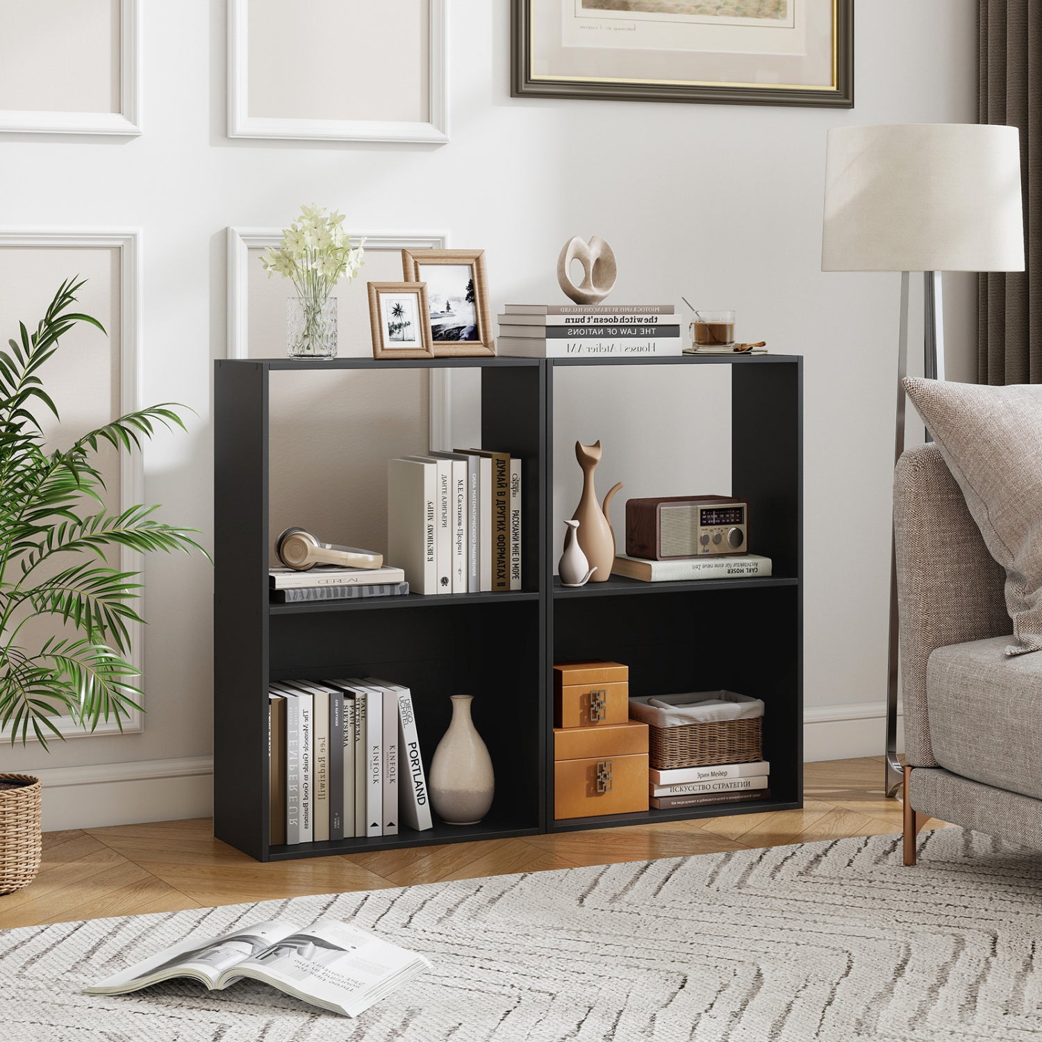 Set of 2 3-Tier Bookshelf with Open Storage Compartment and Freestanding Display Shelf, Black Bookcases at Gallery Canada