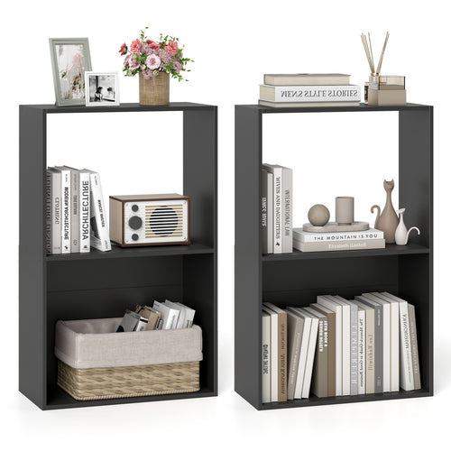 Set of 2 3-Tier Bookshelf with Open Storage Compartment and Freestanding Display Shelf, Black