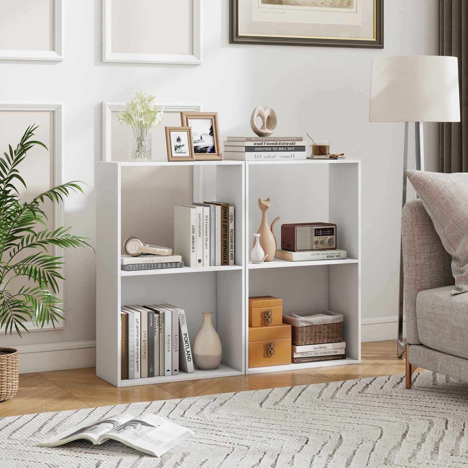 Set of 2 3-Tier Bookshelf with Open Storage Compartment and Freestanding Display Shelf, White Bookcases at Gallery Canada