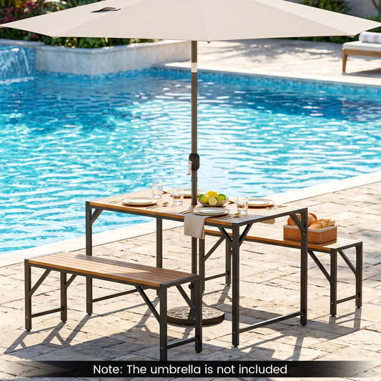 Set of 2 Acacia Wood Outdoor Bench 47.5", Slatted Seat Beach & Lawn Chairs Natural & Black at Gallery Canada