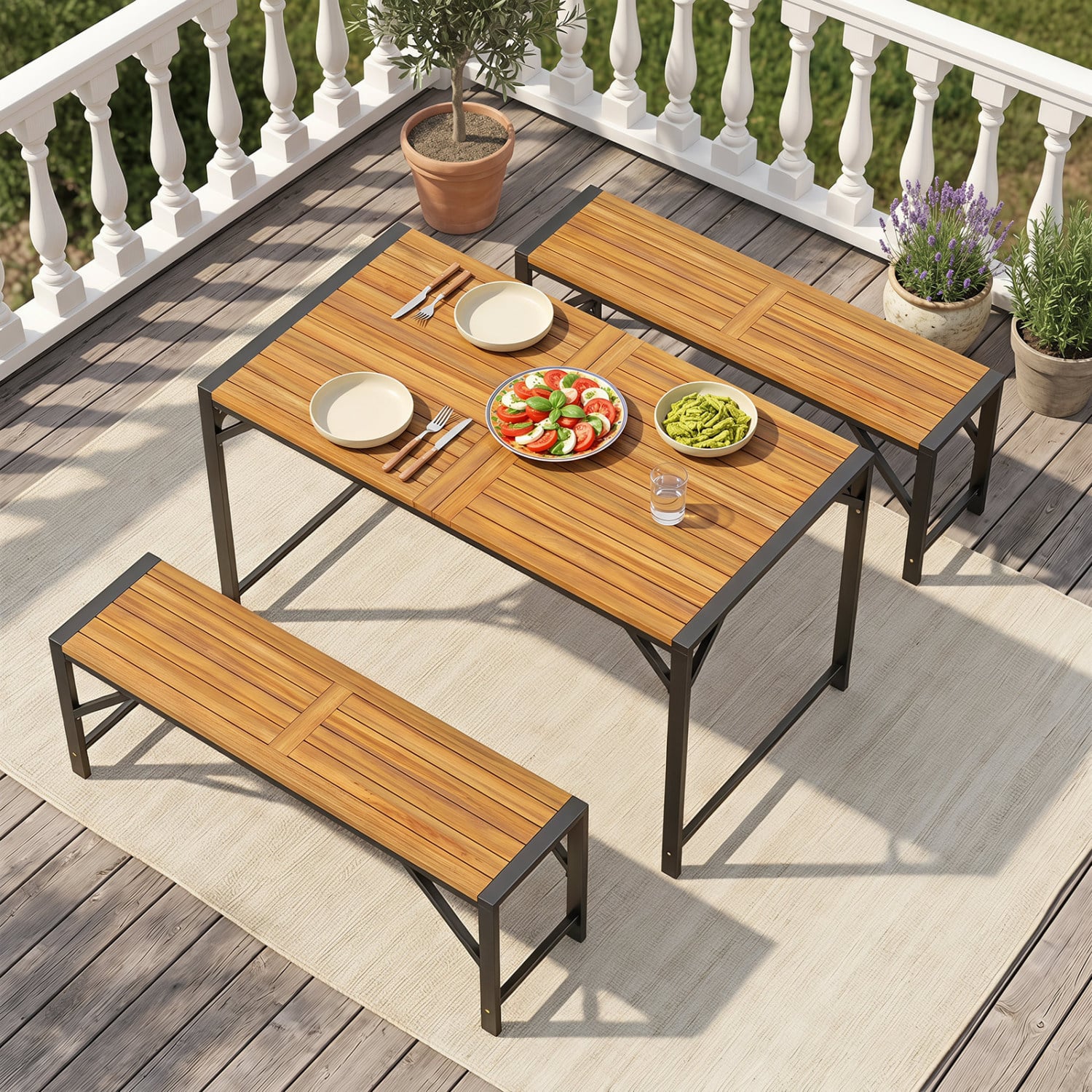 Set of 2 Acacia Wood Outdoor Bench 47.5