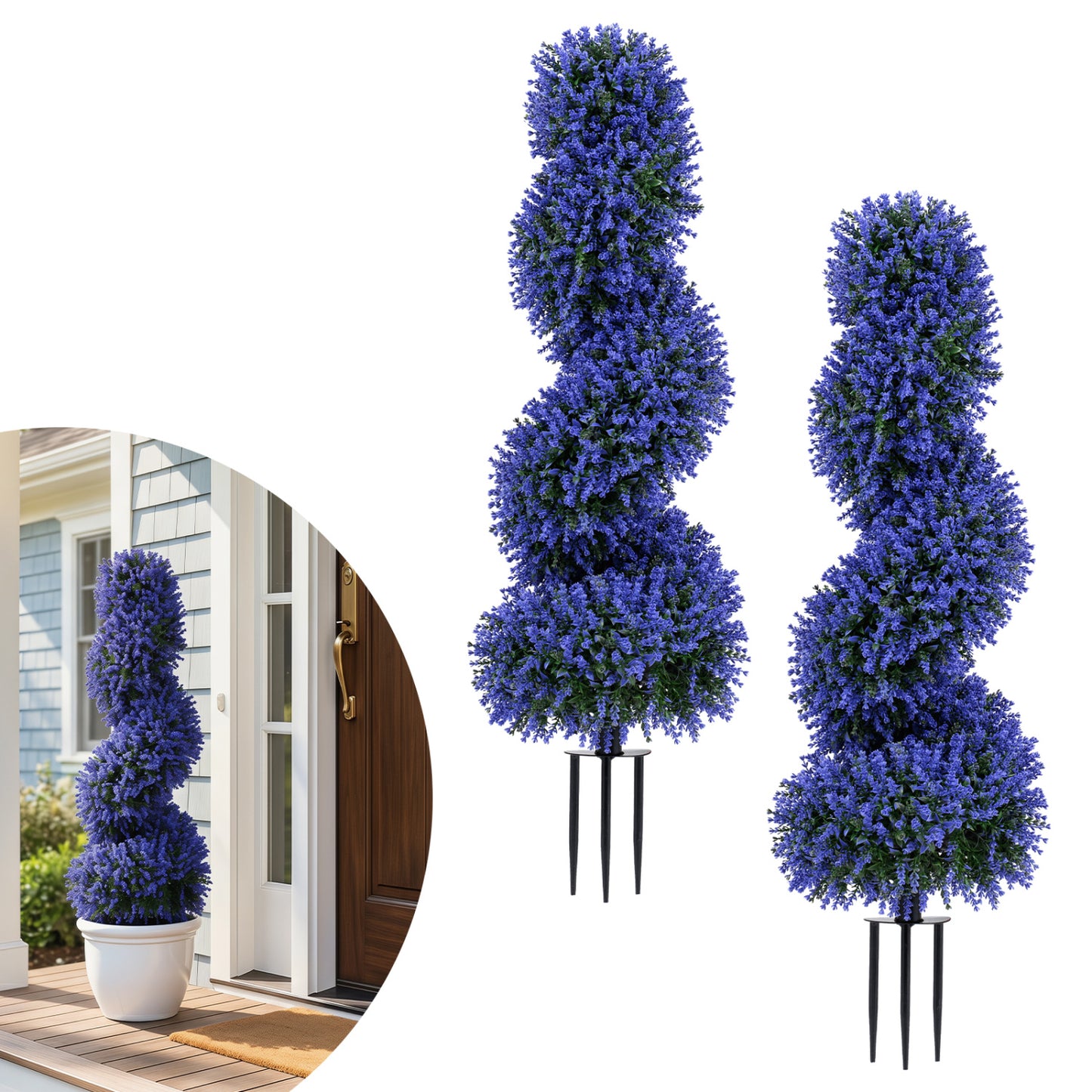 Set of 2 Artificial Spiral Topiary Trees with Sun Protection and Ground Spikes, Purple Faux Plants at Gallery Canada