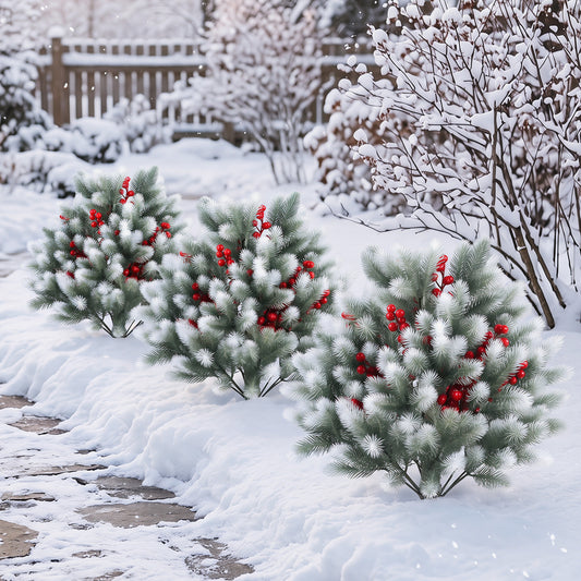 2 Artificial Topiaries with Ground Spikes, Porch Patio Decor, Cedar Faux Plants Green & White & Red at Gallery Canada