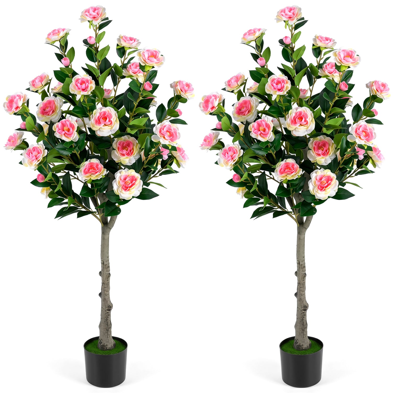 Set Of 2 Artificial Camellia Trees, 27 Blossoms, Cement Pot Faux Plants at Gallery Canada