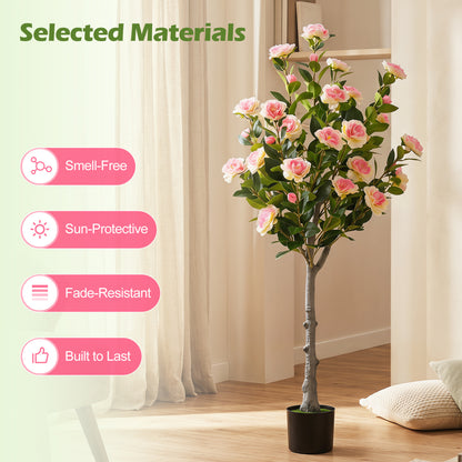 Set Of 2 Artificial Camellia Trees, 27 Blossoms, Cement Pot Faux Plants at Gallery Canada