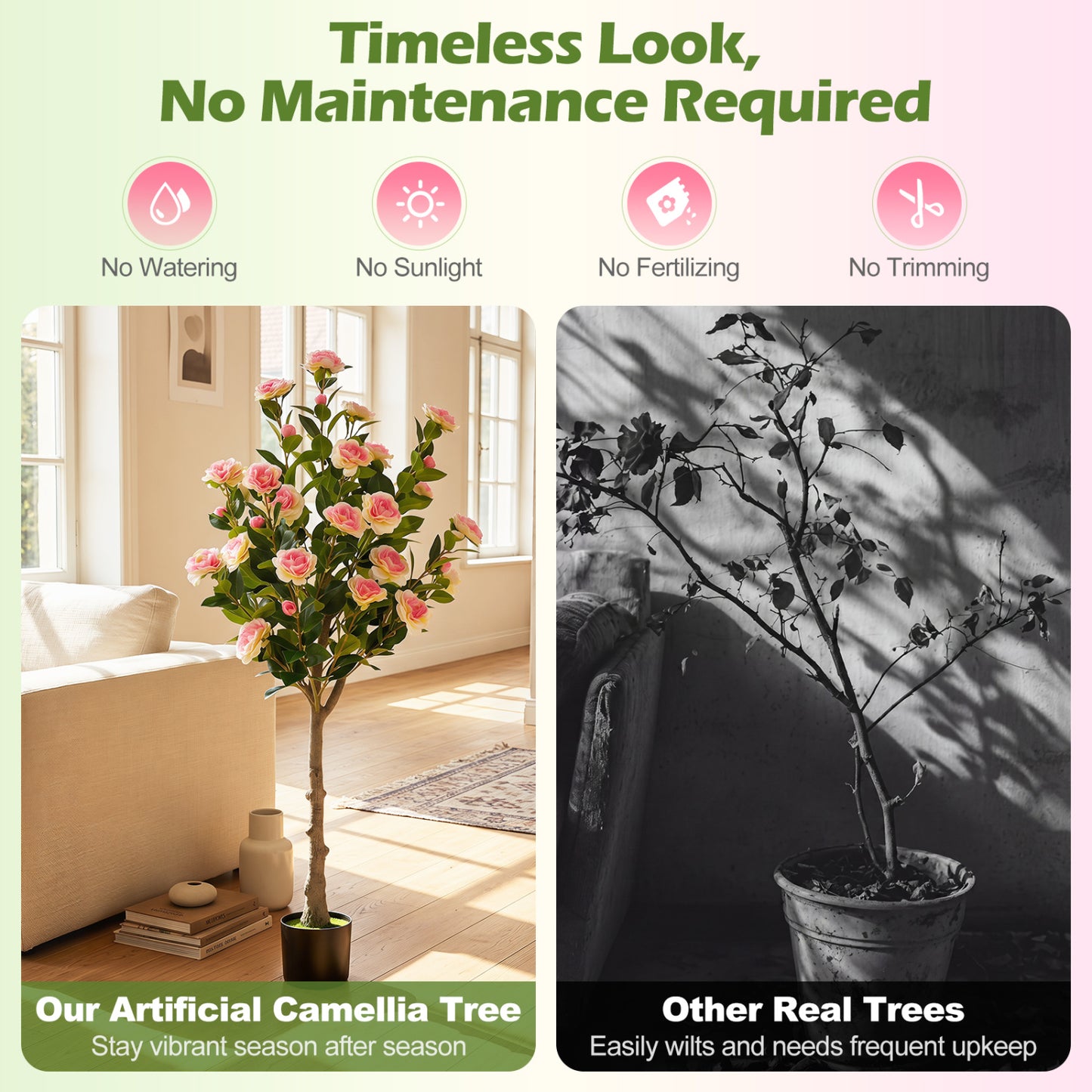 Set Of 2 Artificial Camellia Trees, 27 Blossoms, Cement Pot Faux Plants at Gallery Canada