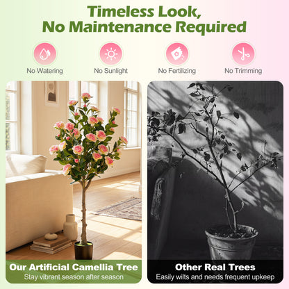 Set Of 2 Artificial Camellia Trees, 27 Blossoms, Cement Pot Faux Plants at Gallery Canada