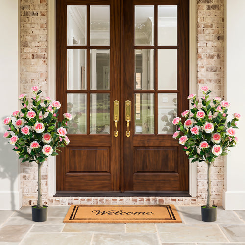Set Of 2 Artificial Camellia Trees, 27 Blossoms, Cement Pot