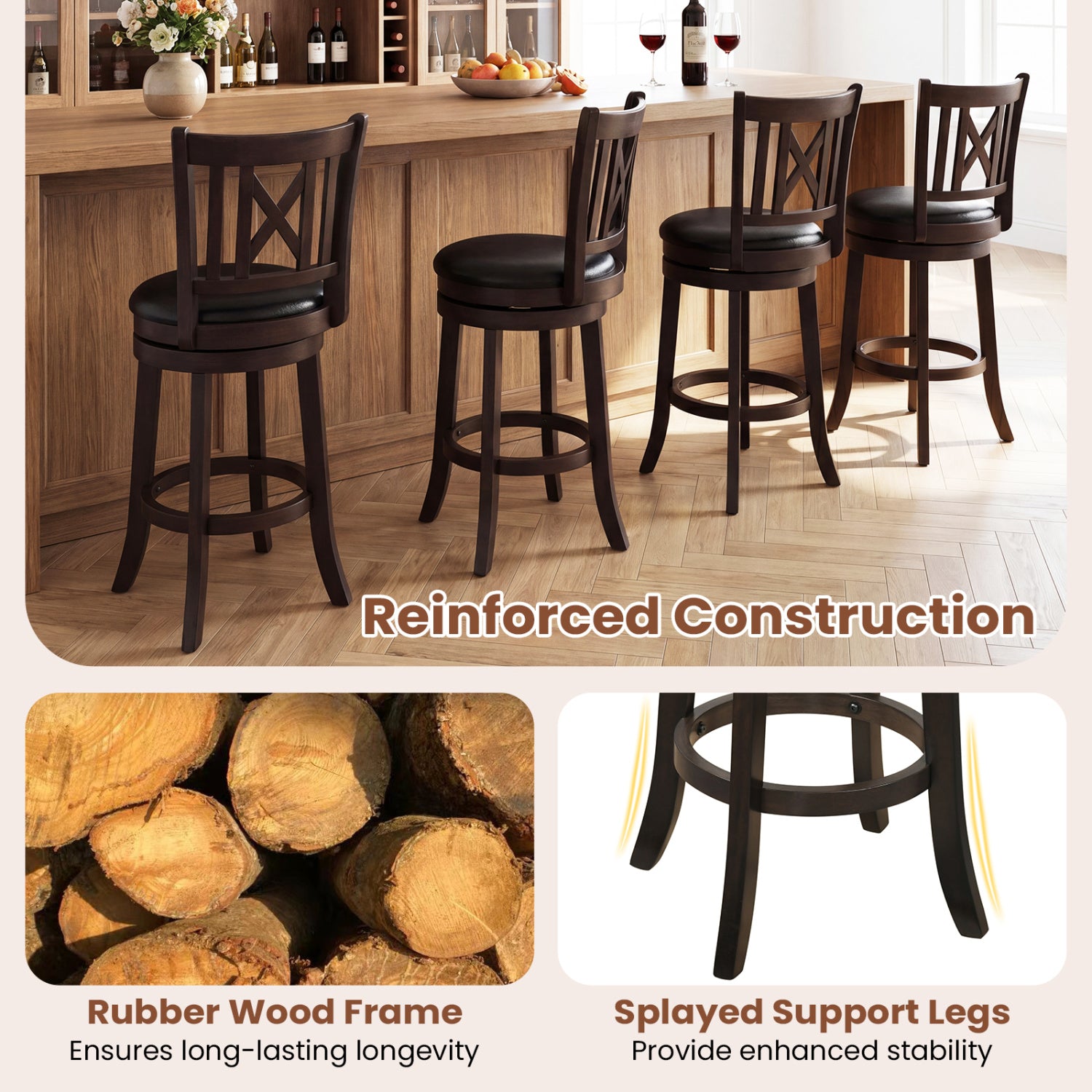 Set Of 2 Swivel Bar Stools With Hollowed Backrest, 26 Inches Bar Stools at Gallery Canada