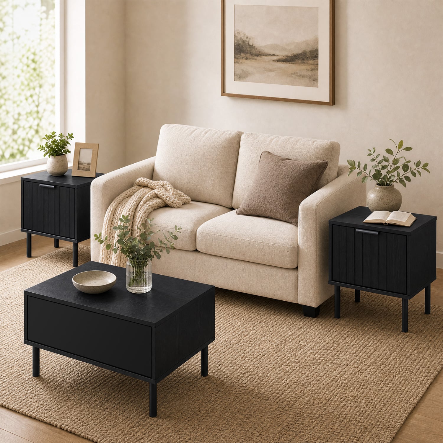Set of 2 Modern Nightstands with Vertical-Striped Drawer, Black Nightstands at Gallery Canada