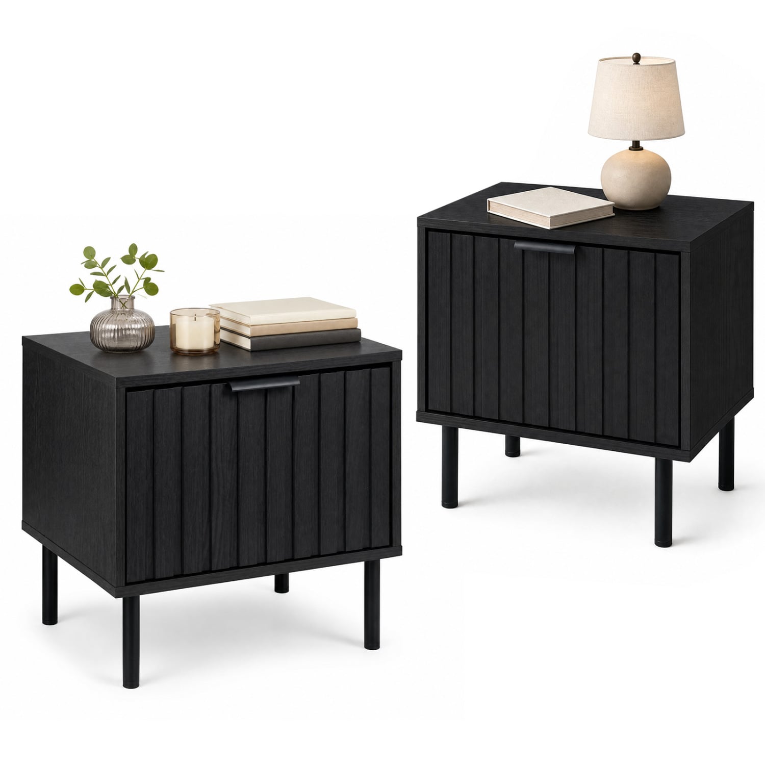 Set of 2 Modern Nightstands with Vertical-Striped Drawer, Black Nightstands Black at Gallery Canada