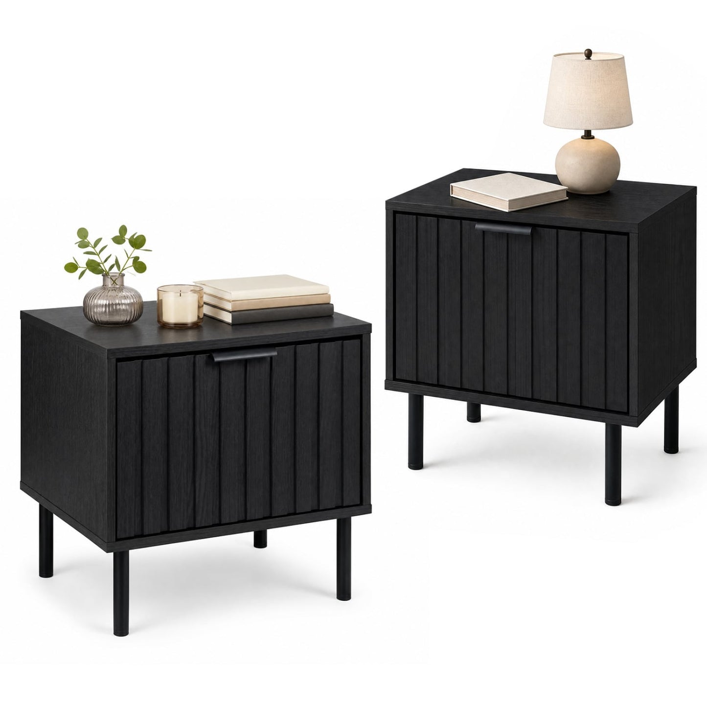Set of 2 Modern Nightstands with Vertical-Striped Drawer, Black Nightstands Black at Gallery Canada