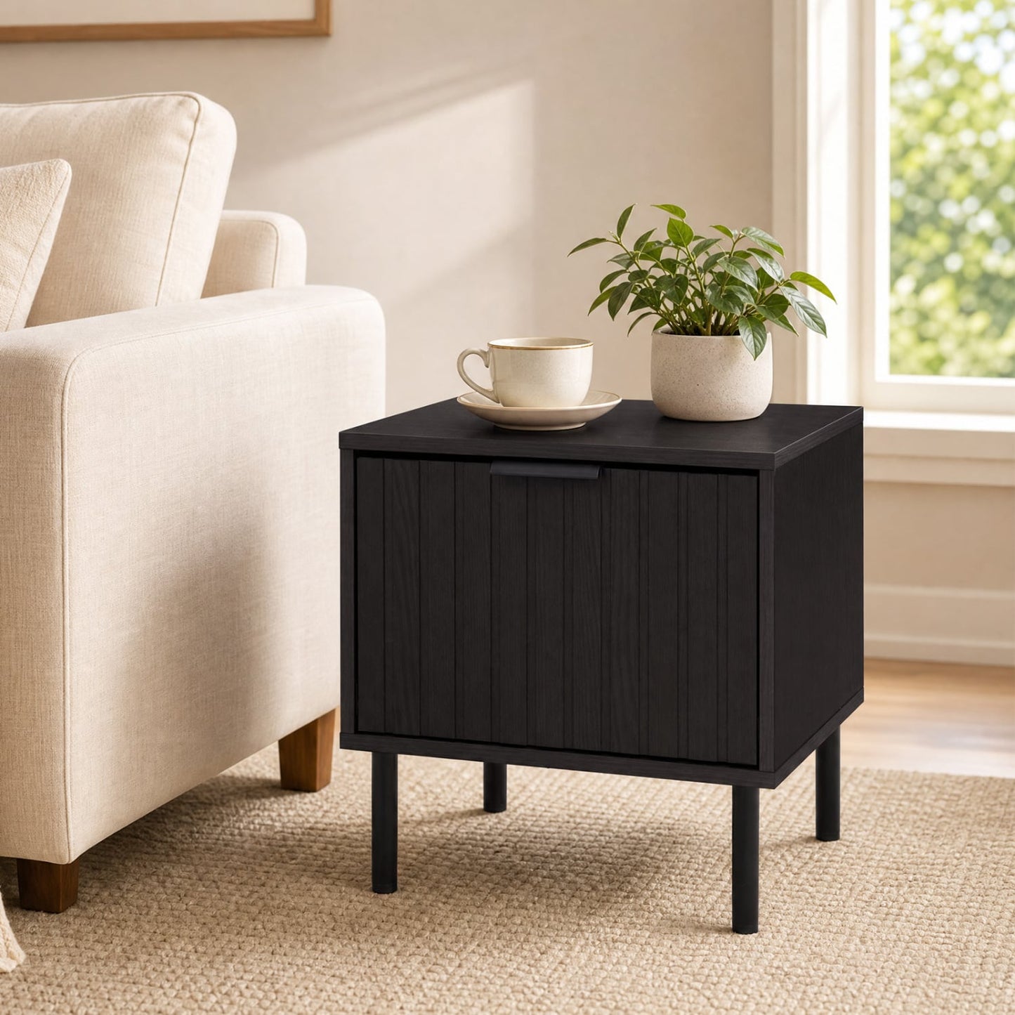 Set of 2 Modern Nightstands with Vertical-Striped Drawer, Black Nightstands at Gallery Canada