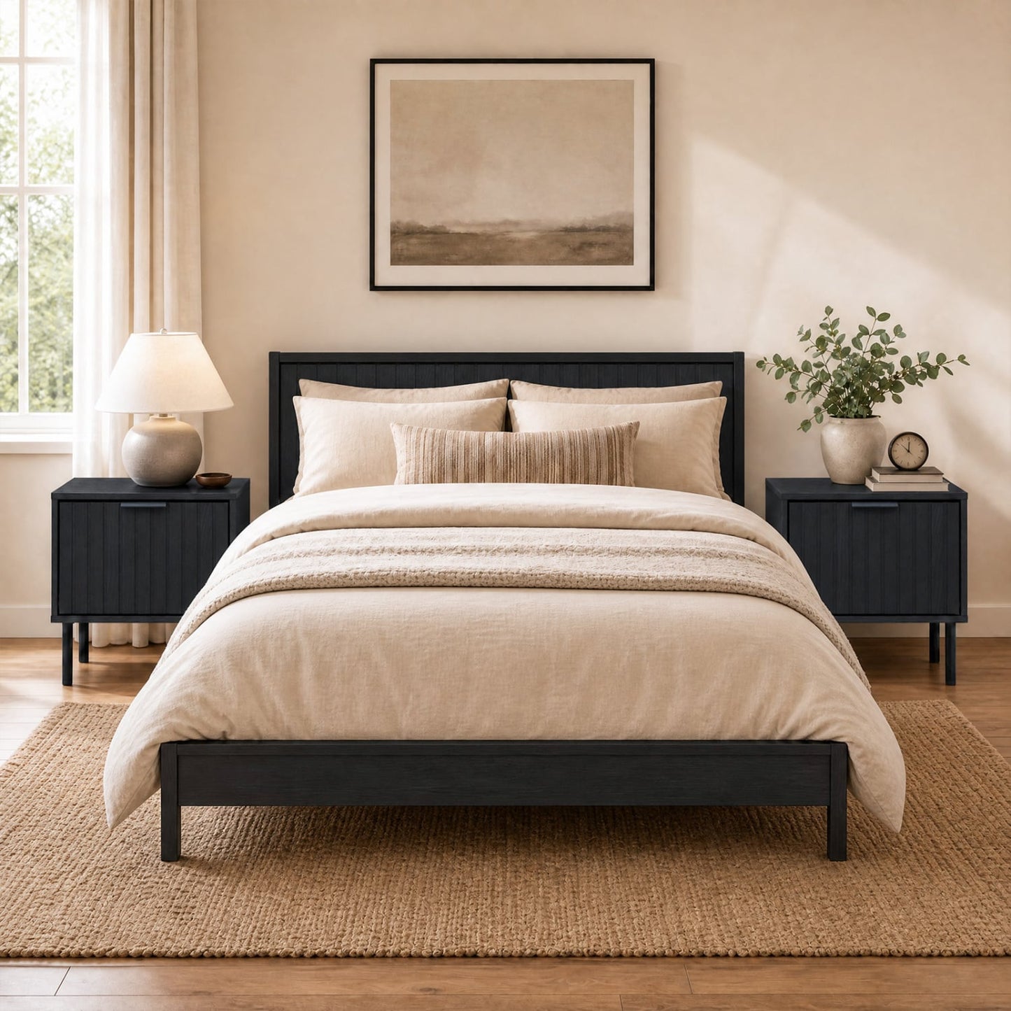 Set of 2 Modern Nightstands with Vertical-Striped Drawer, Black Nightstands at Gallery Canada