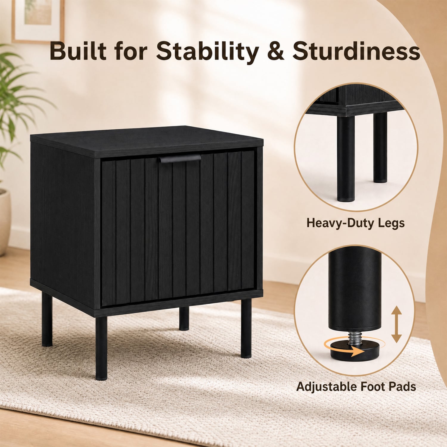Set of 2 Modern Nightstands with Vertical-Striped Drawer, Black Nightstands at Gallery Canada