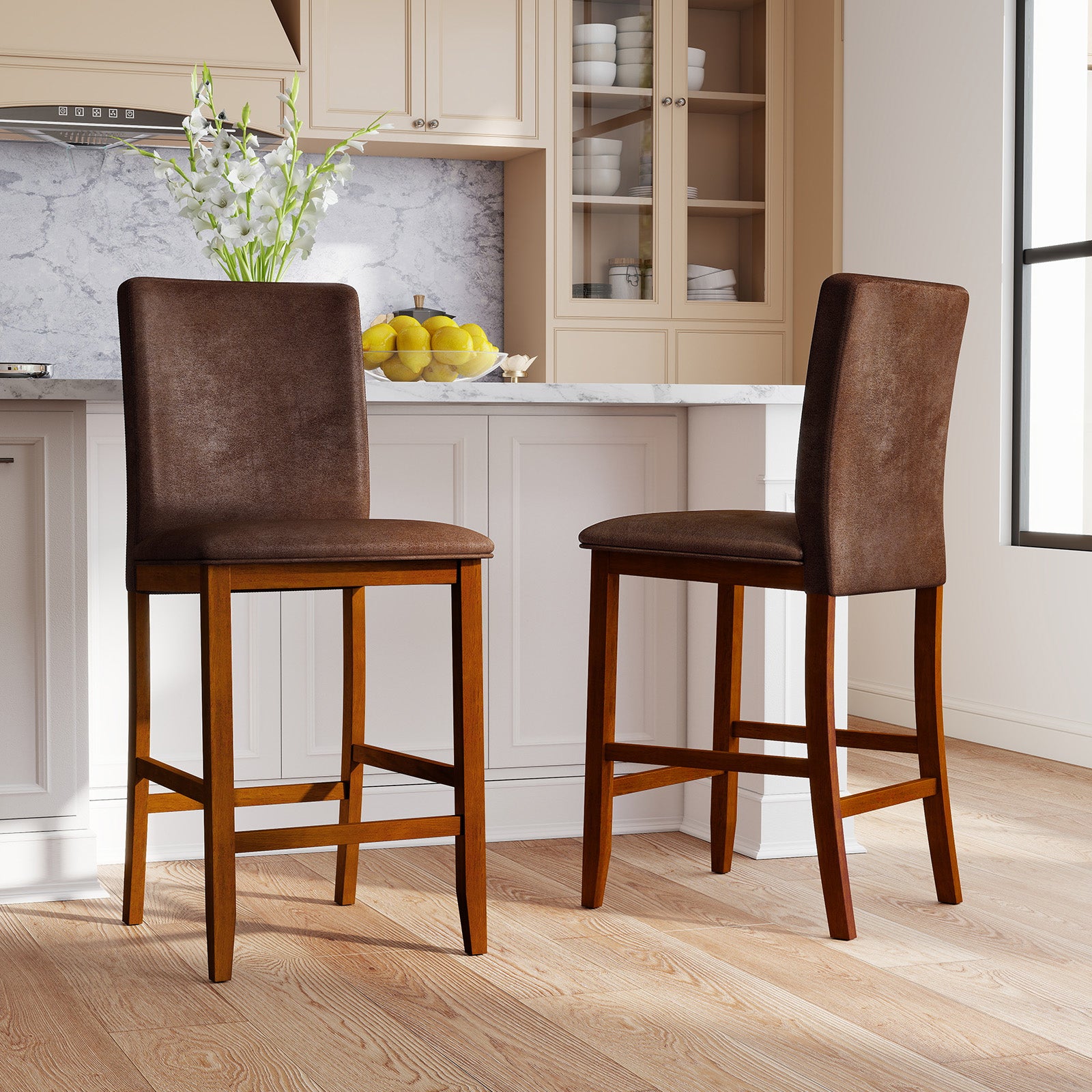 Set of 2 Counter Barstools, Rubberwood Legs, Upholstered Seat, Walnut Bar Stools at Gallery Canada