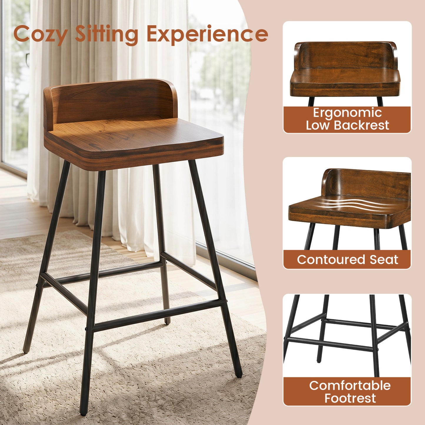 Set Of 2 Bar Stools With Low Back Metal Legs, Brown Bar Stools at Gallery Canada