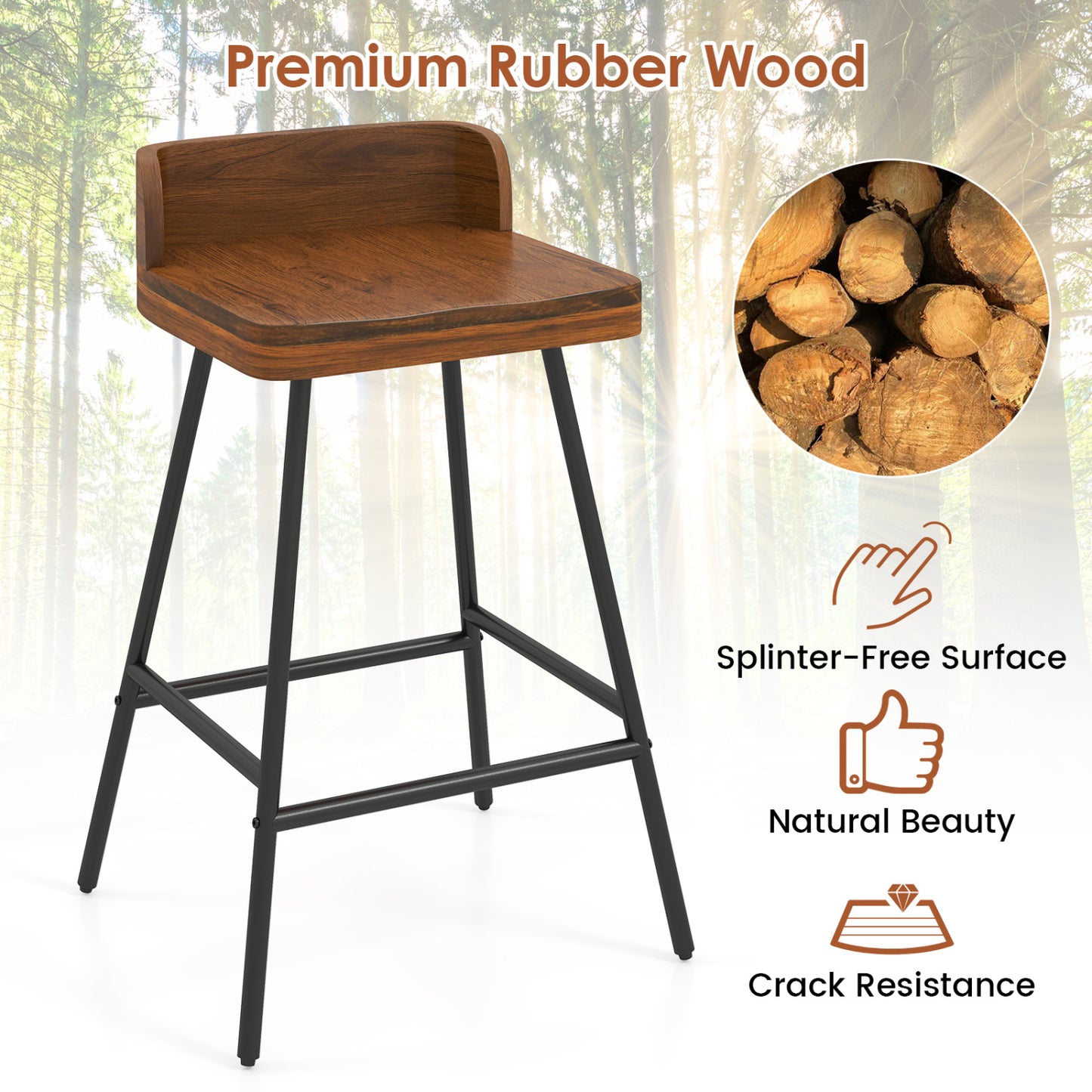 Set Of 2 Bar Stools With Low Back Metal Legs, Brown Bar Stools at Gallery Canada
