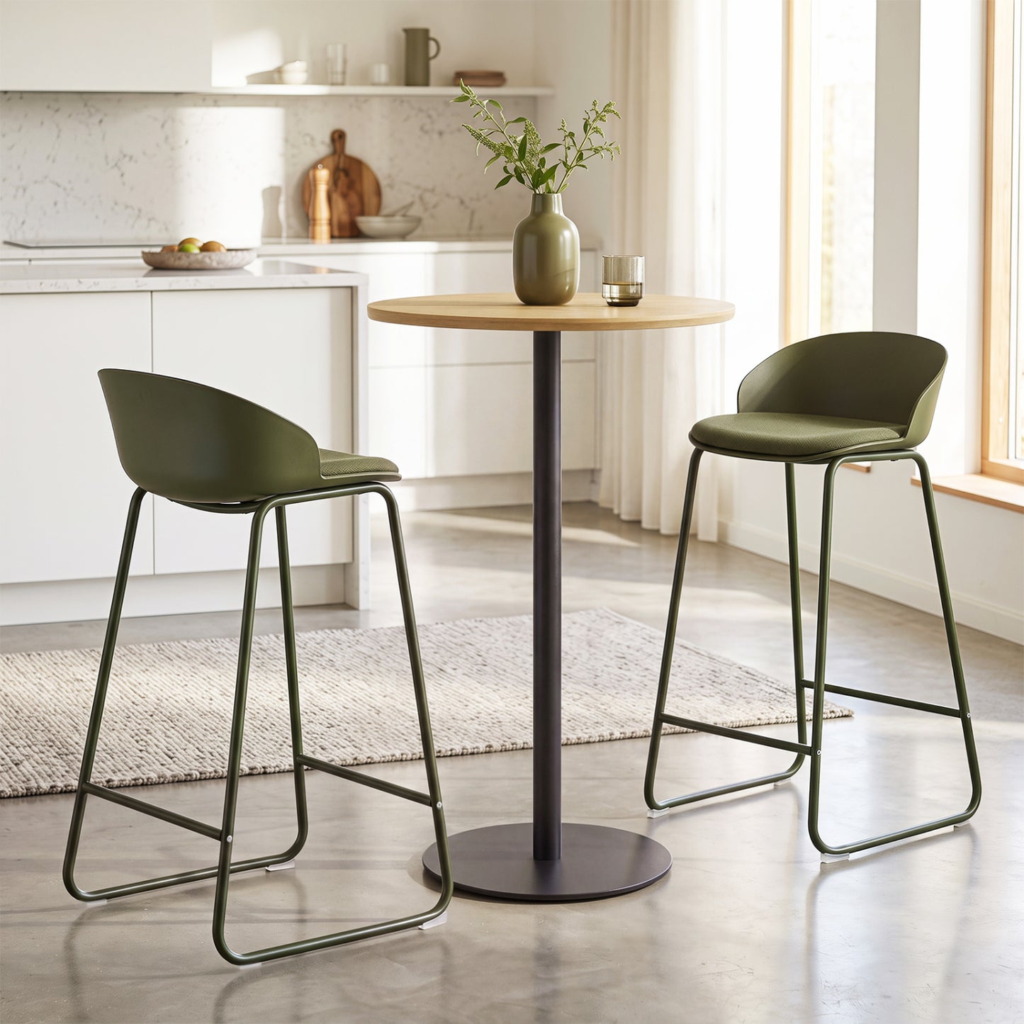 Set of 2 Bar Stools, Curved Backrest, Metal Frame, Green