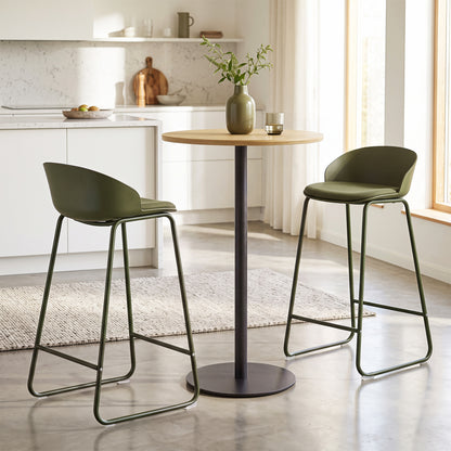 Set of 2 Bar Stools, Curved Backrest, Metal Frame, Green