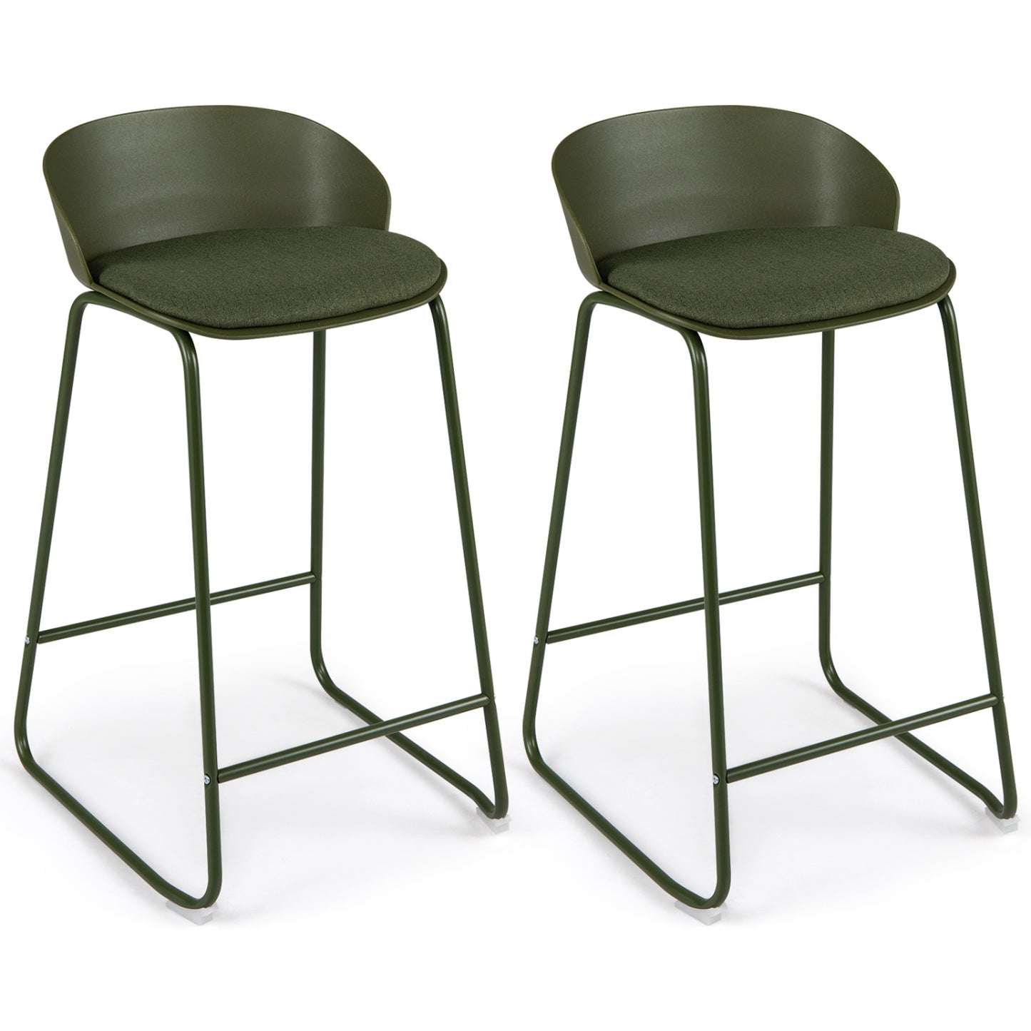 Set of 2 Bar Stools, Curved Backrest, Metal Frame, Green