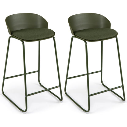 Set of 2 Bar Stools, Curved Backrest, Metal Frame, Green
