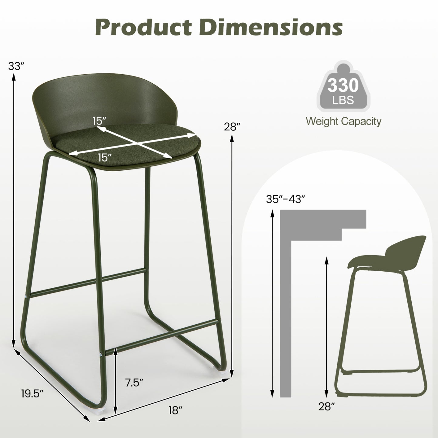 Set of 2 Bar Stools, Curved Backrest, Metal Frame, Green