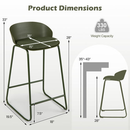 Set of 2 Bar Stools, Curved Backrest, Metal Frame, Green