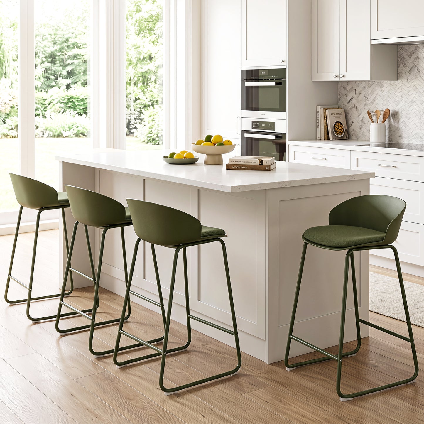 Set of 2 Bar Stools, Curved Backrest, Metal Frame, Green