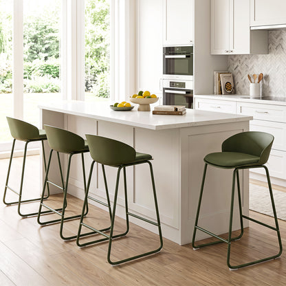 Set of 2 Bar Stools, Curved Backrest, Metal Frame, Green