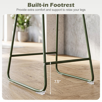 Set of 2 Bar Stools, Curved Backrest, Metal Frame, Green