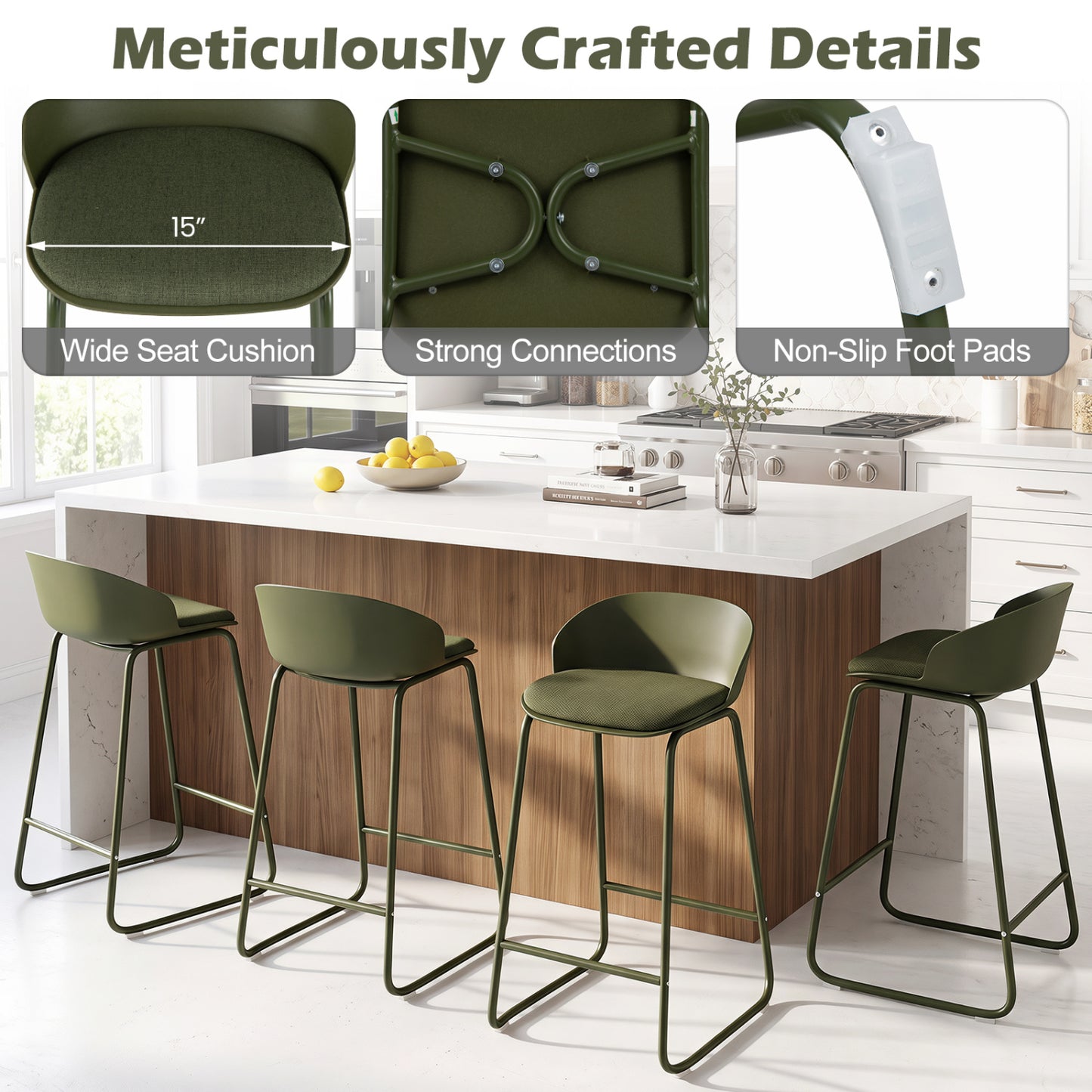 Set of 2 Bar Stools, Curved Backrest, Metal Frame, Green