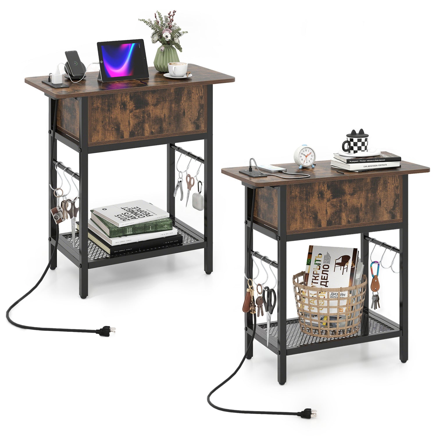 Set of 2 End Table with Charging Station and Hidden Compartment, Rustic Brown End & Side Tables Rustic Brown at Gallery Canada