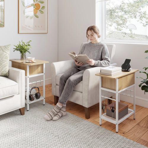 Set of 2 End Table with Charging Station and Hidden Compartment, Natural