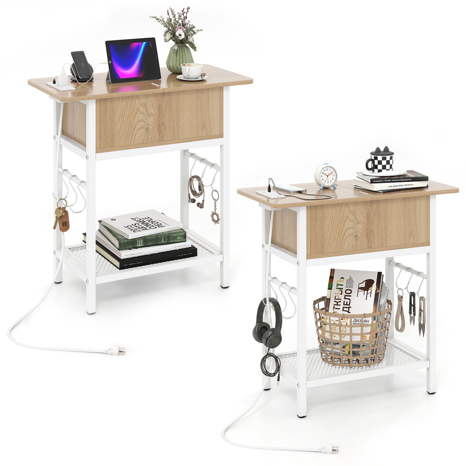 Set of 2 End Table with Charging Station and Hidden Compartment, Natural End & Side Tables Natural at Gallery Canada