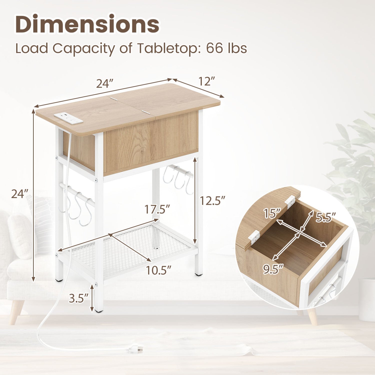 Set of 2 End Table with Charging Station and Hidden Compartment, Natural End & Side Tables at Gallery Canada