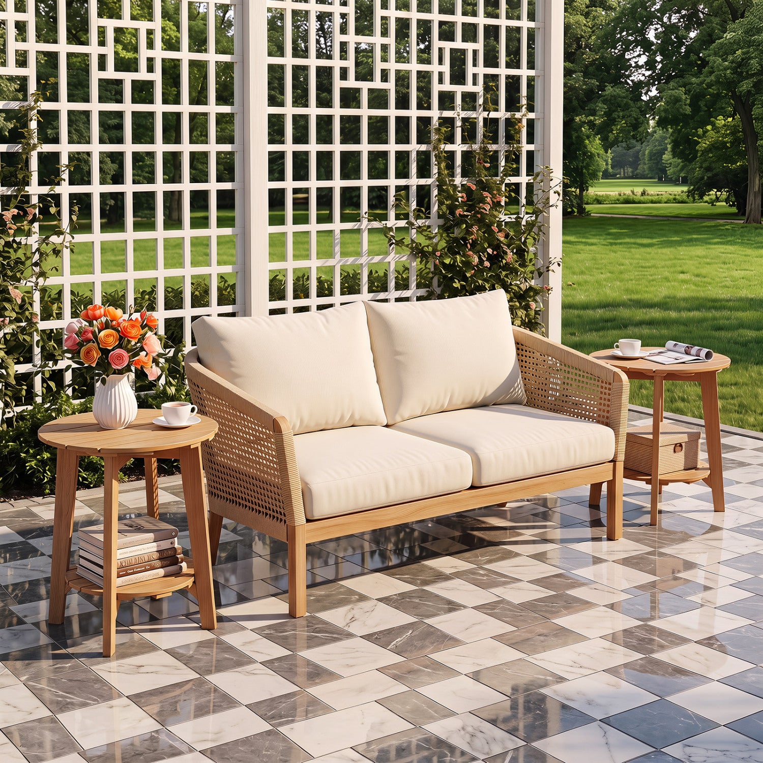 Set of 2 Eucalyptus Wood Side Tables, 2-Tier Patio Coffee Tables at Gallery Canada