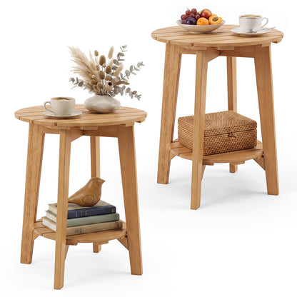 Set of 2 Eucalyptus Wood Side Tables, 2-Tier Patio Coffee Tables Natural at Gallery Canada