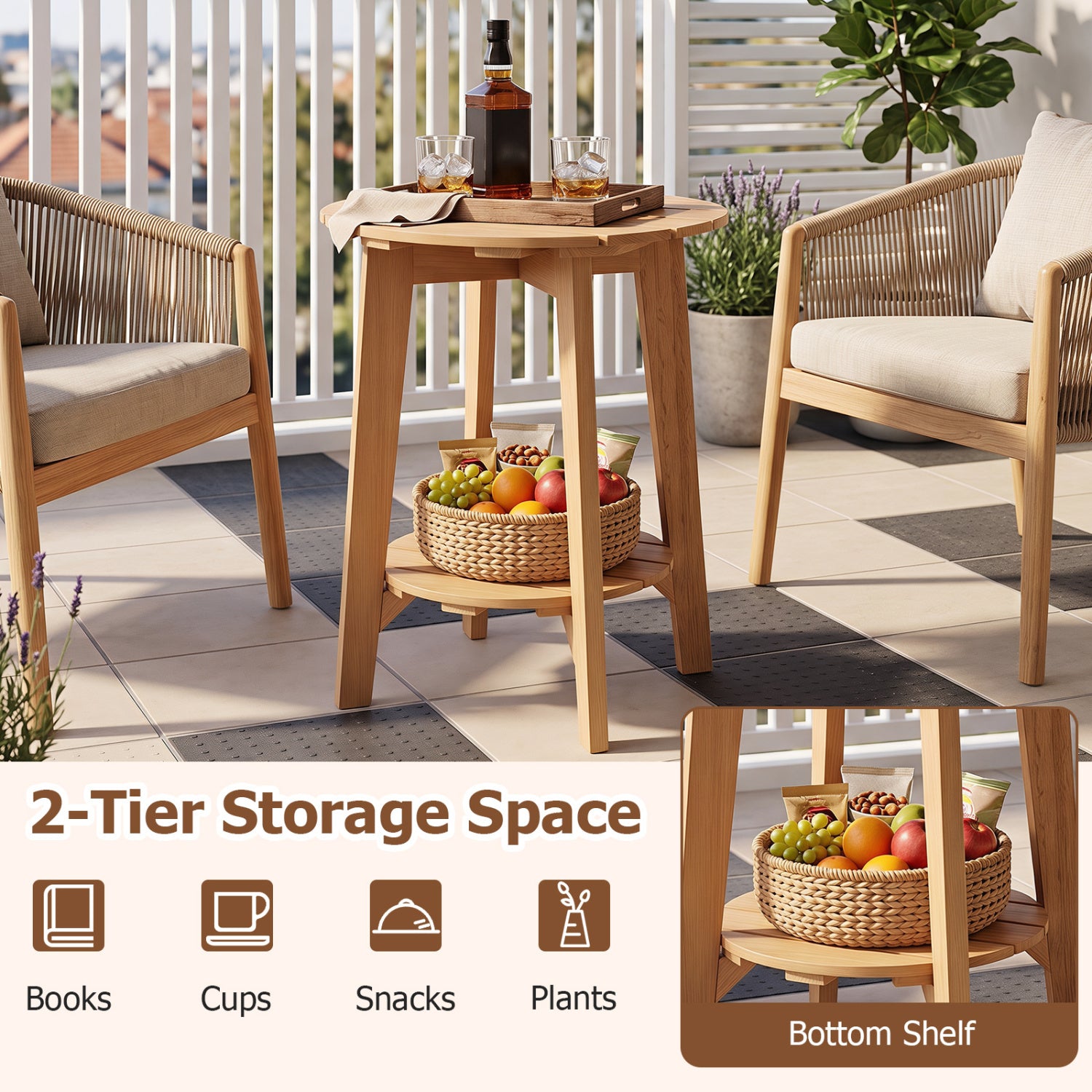 Set of 2 Eucalyptus Wood Side Tables, 2-Tier Patio Coffee Tables at Gallery Canada