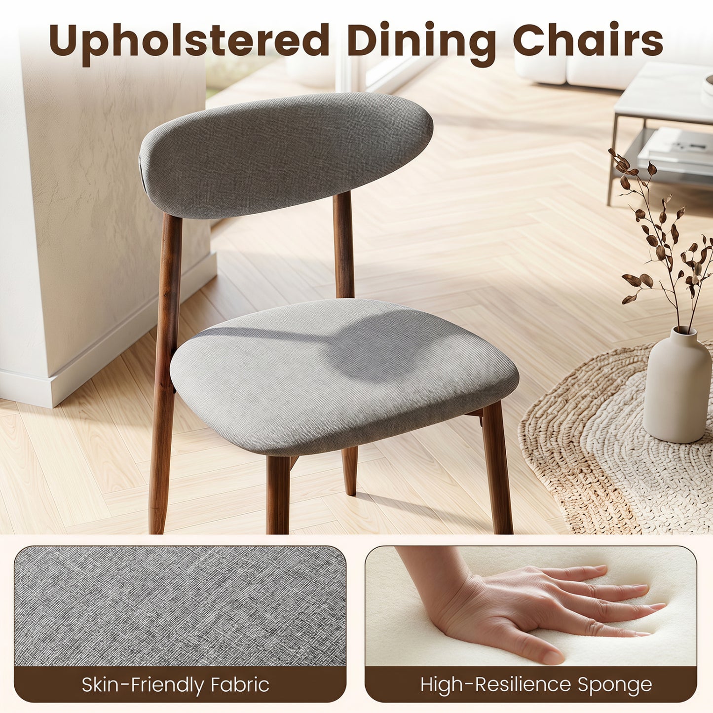 Set of 2 Fabric Dining Chairs, Curved Backs, Gray